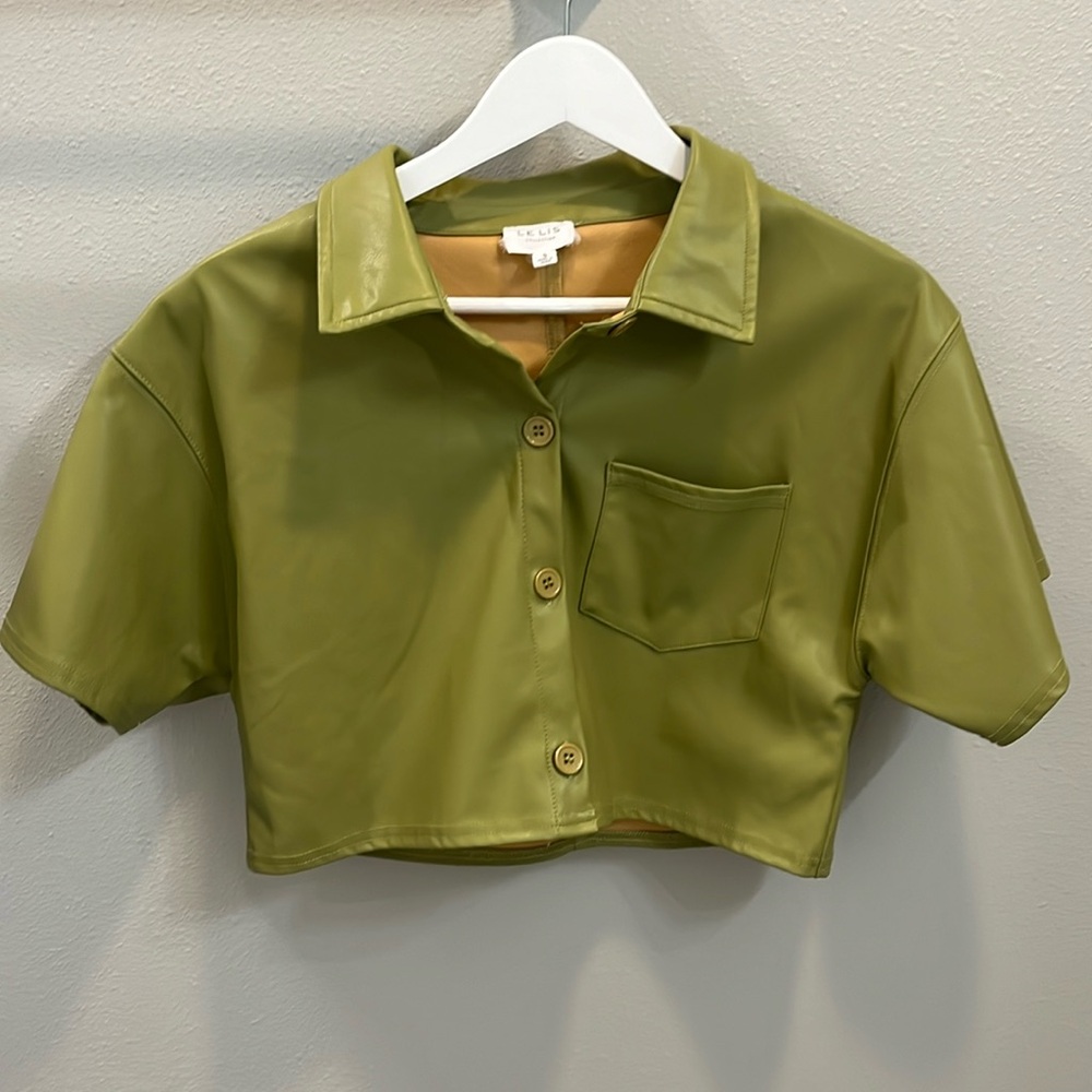 Le Lis Light Green Cropped Leather Button-Up Top